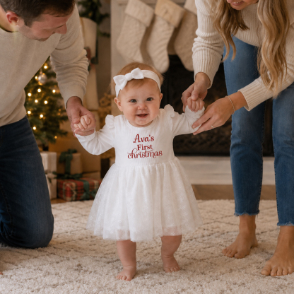 Personalized Baby Girl’s First Christmas Dress – Custom Name Long Sleeve Tulle Bodysuit Outfit