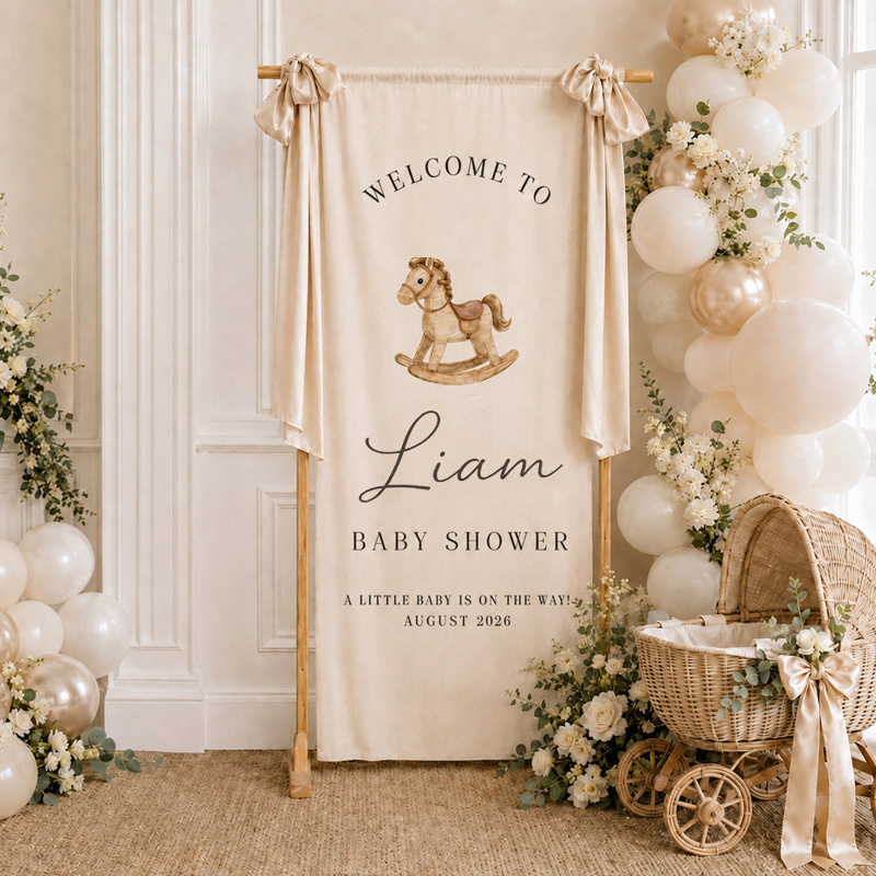 Personalized Baby Shower Welcome Banner – Custom Name, Date, Theme & Ribbon Color Fabric Backdrop