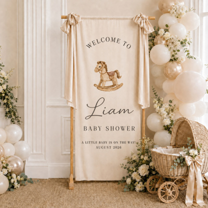 Personalized Baby Shower Welcome Banner – Custom Name, Date, Theme & Ribbon Color Fabric Backdrop