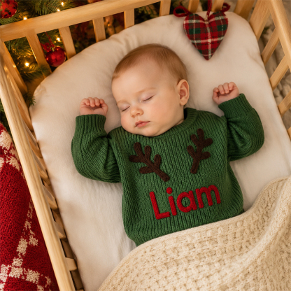 Personalized Baby Christmas Knit Sweater – Custom Name Christmas Tree & Reindeer Holiday Outfit