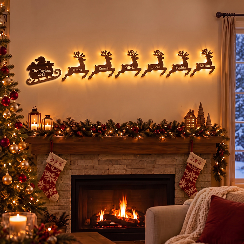 Personalized Family Reindeer Sleigh Wall Light with Names – Custom Christmas Wall Décor