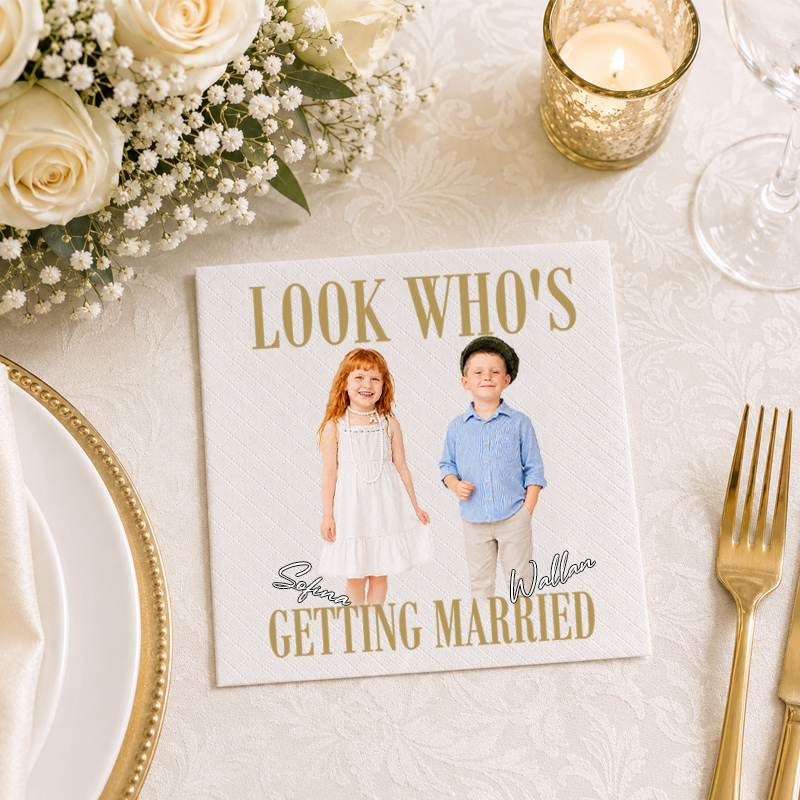 Personalized Look Who’s Getting Married Photo Napkins – Custom Childhood Pictures & Couple Names Wedding Napkins