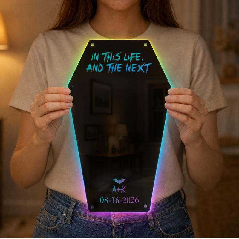 Personalized Till Death LED Mirror – Custom Couple Names & Date Coffin-Shaped Gothic Love Gift