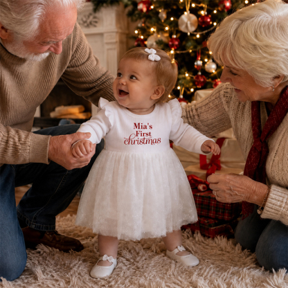 Personalized Baby Girl’s First Christmas Dress – Custom Name Long Sleeve Tulle Bodysuit Outfit