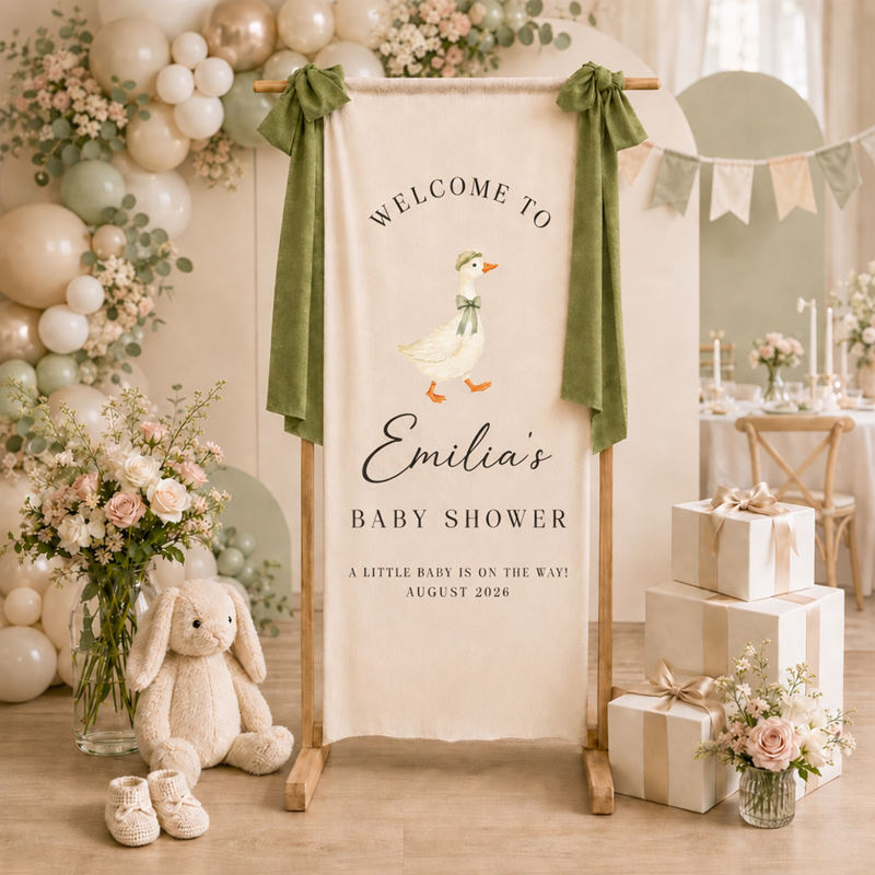 Personalized Baby Shower Welcome Banner – Custom Name, Date, Theme & Ribbon Color Fabric Backdrop