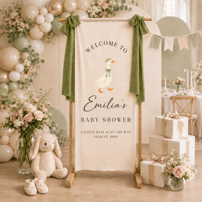 Personalized Baby Shower Welcome Banner – Custom Name, Date, Theme & Ribbon Color Fabric Backdrop