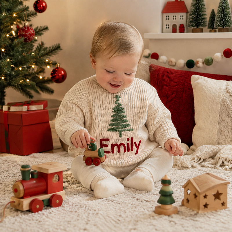 Personalized Baby Christmas Knit Sweater – Custom Name Christmas Tree & Reindeer Holiday Outfit