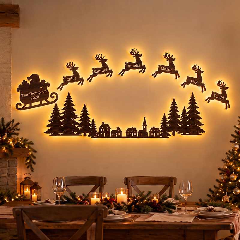 Personalized Family Reindeer Sleigh Wall Light with Names – Custom Christmas Wall Décor