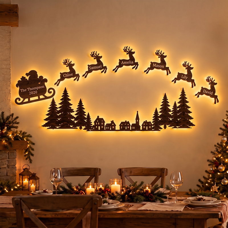 Personalized Family Reindeer Sleigh Wall Light with Names – Custom Christmas Wall Décor