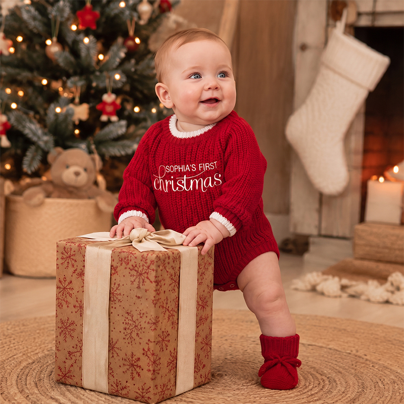 Personalized Baby's First Christmas Sweater– Custom Name Knitted Christmas Outfit for Newborn Baby
