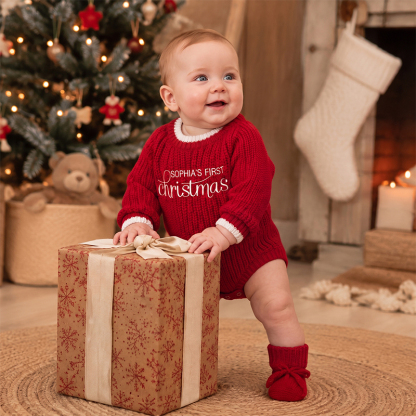 Personalized Baby's First Christmas Sweater– Custom Name Knitted Christmas Outfit for Newborn Baby
