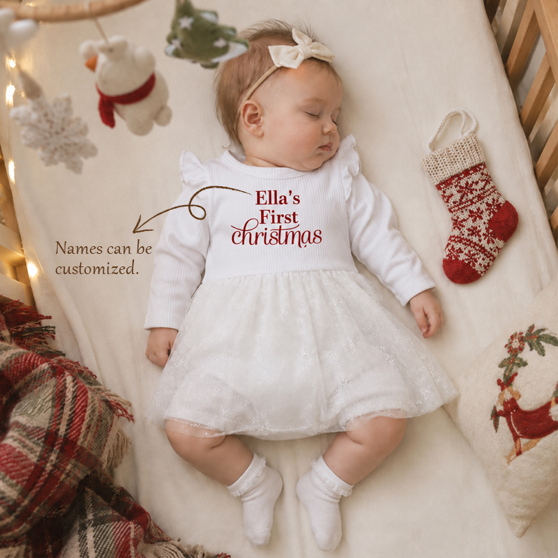 Personalized Baby Girl’s First Christmas Dress – Custom Name Long Sleeve Tulle Bodysuit Outfit