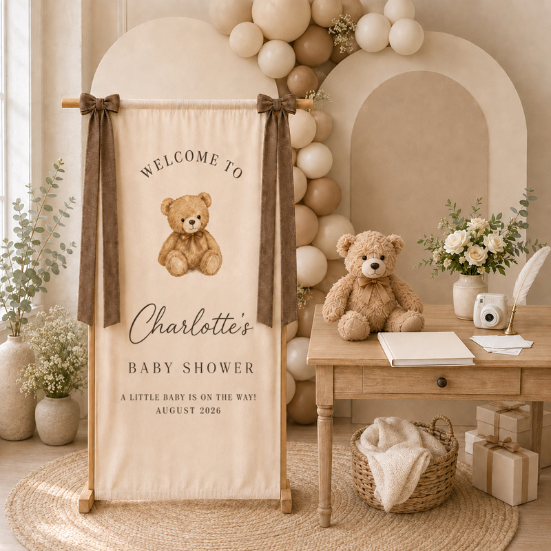 Personalized Baby Shower Welcome Banner – Custom Name, Date, Theme & Ribbon Color Fabric Backdrop