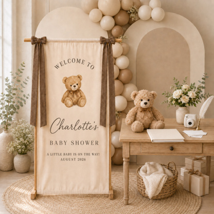 Personalized Baby Shower Welcome Banner – Custom Name, Date, Theme & Ribbon Color Fabric Backdrop