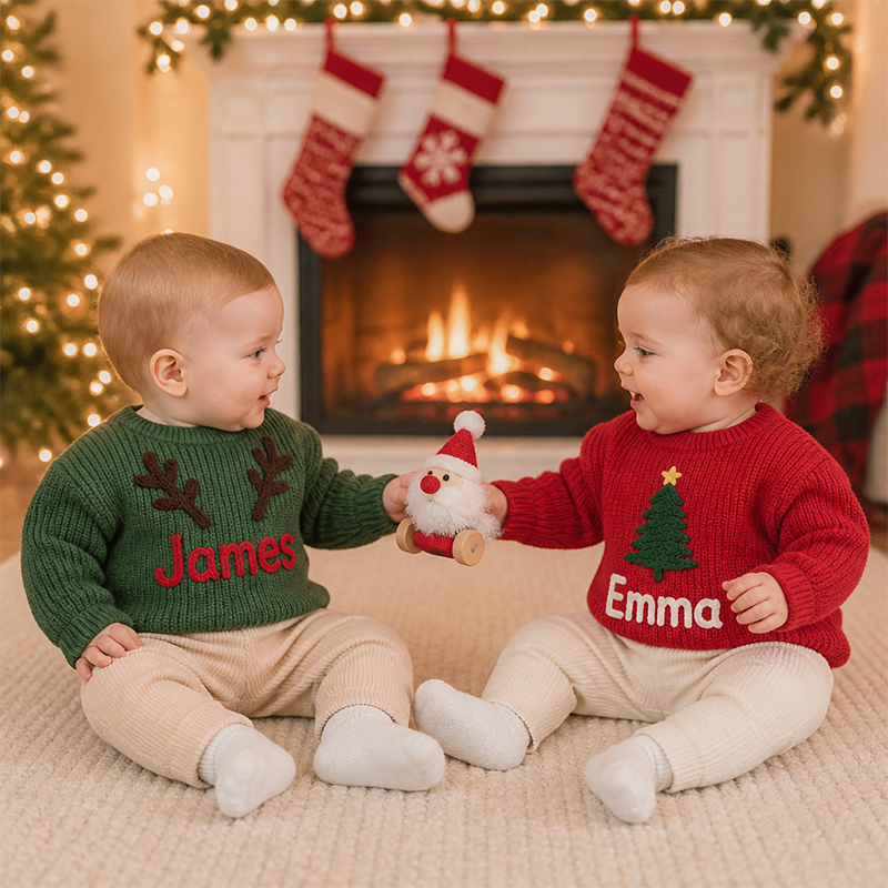 Personalized Baby Christmas Knit Sweater – Custom Name Christmas Tree & Reindeer Holiday Outfit
