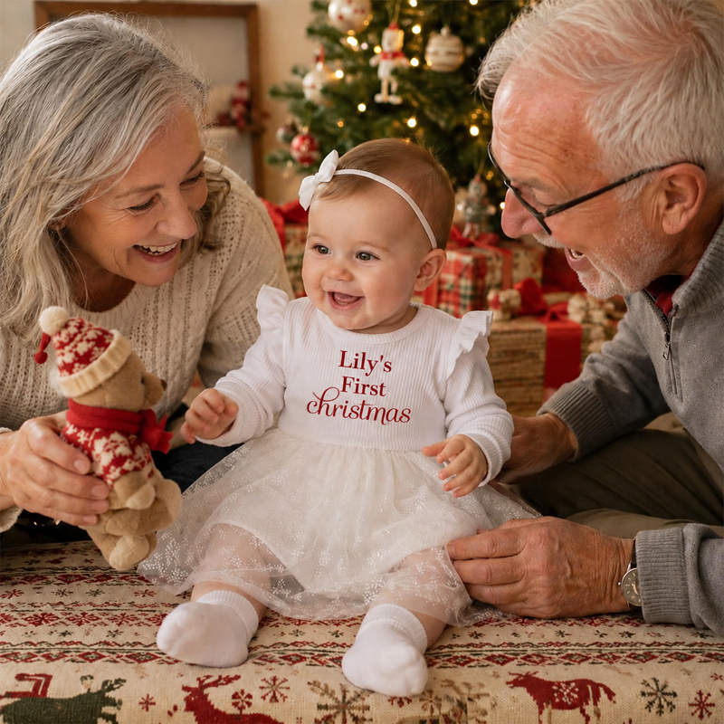 Personalized Baby Girl’s First Christmas Dress – Custom Name Long Sleeve Tulle Bodysuit Outfit