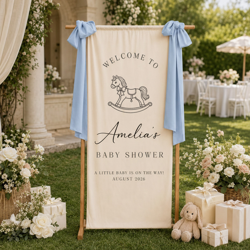 Personalized Baby Shower Welcome Banner – Custom Name, Date, Theme & Ribbon Color Fabric Backdrop
