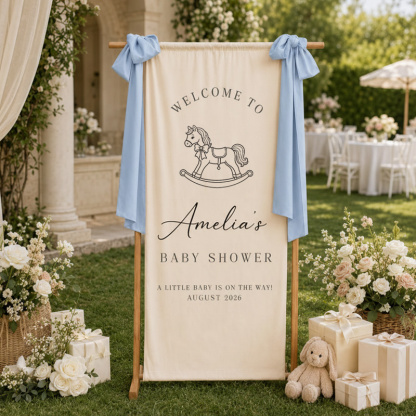 Personalized Baby Shower Welcome Banner – Custom Name, Date, Theme & Ribbon Color Fabric Backdrop