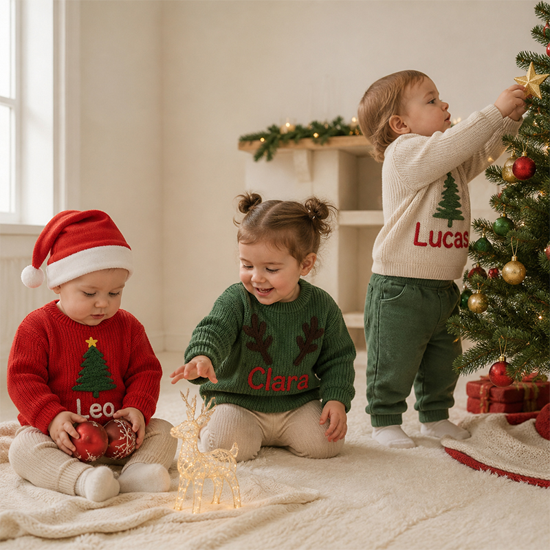 Personalized Baby Christmas Knit Sweater – Custom Name Christmas Tree & Reindeer Holiday Outfit