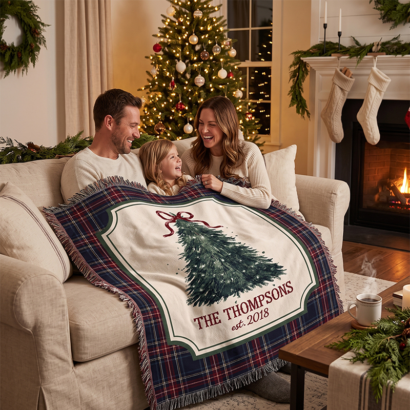 Personalized Family Christmas Blanket – Custom Family Name & Year Plaid Holiday Keepsake Blanket