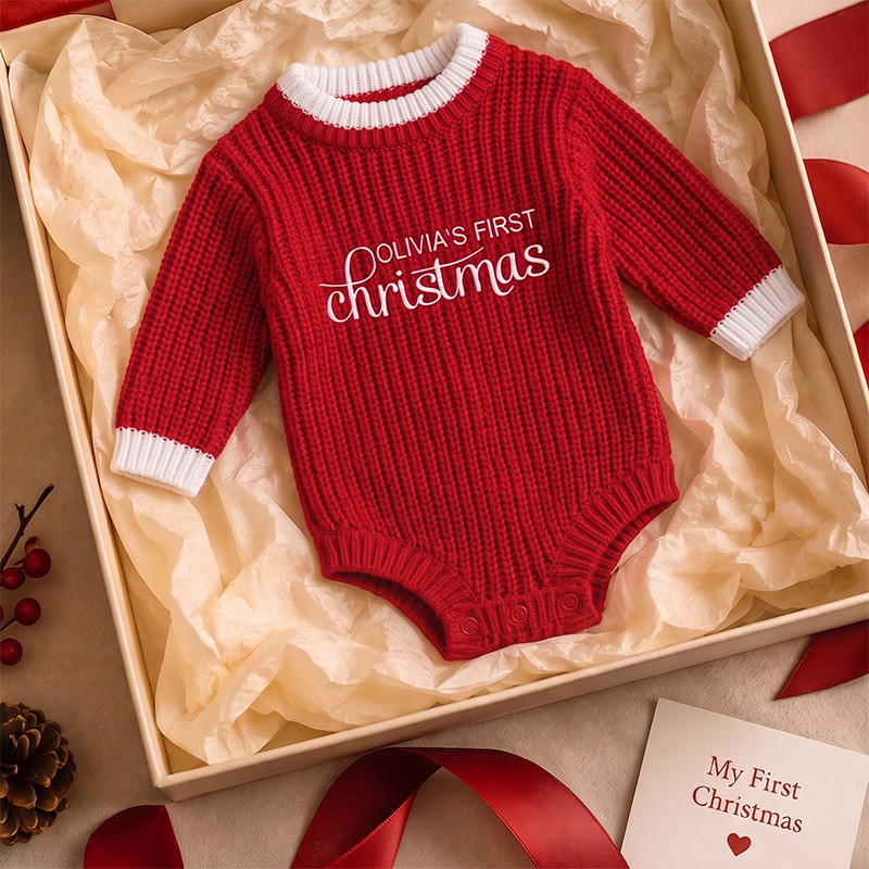 Personalized Baby's First Christmas Sweater– Custom Name Knitted Christmas Outfit for Newborn Baby