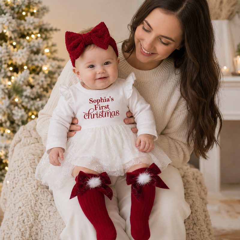 Personalized Baby Girl’s First Christmas Dress – Custom Name Long Sleeve Tulle Bodysuit Outfit