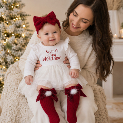 Personalized Baby Girl’s First Christmas Dress – Custom Name Long Sleeve Tulle Bodysuit Outfit