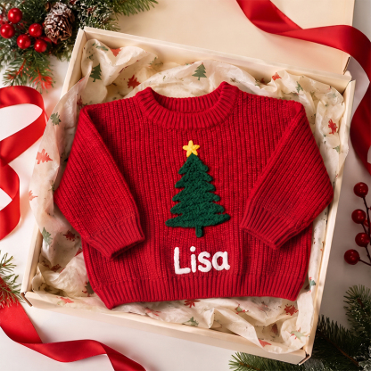 Personalized Baby Christmas Knit Sweater – Custom Name Christmas Tree & Reindeer Holiday Outfit