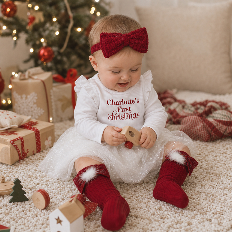 Personalized Baby Girl’s First Christmas Dress – Custom Name Long Sleeve Tulle Bodysuit Outfit