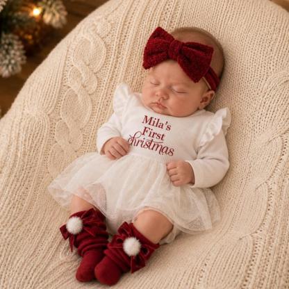Personalized Baby Girl’s First Christmas Dress – Custom Name Long Sleeve Tulle Bodysuit Outfit