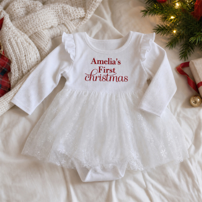Personalized Baby Girl’s First Christmas Dress – Custom Name Long Sleeve Tulle Bodysuit Outfit