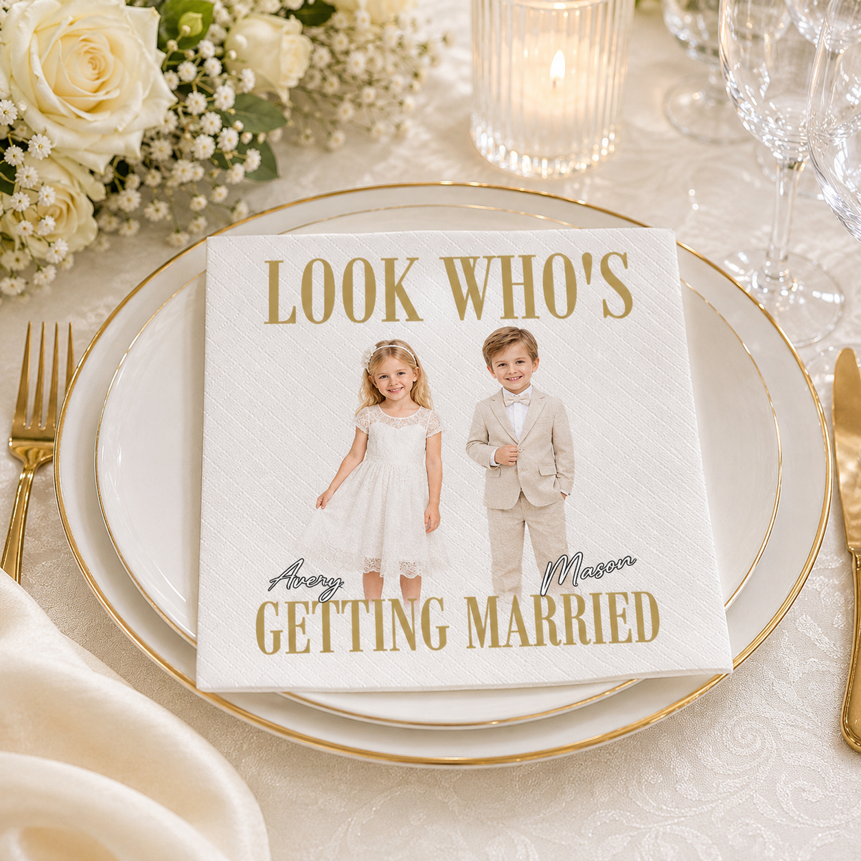 Personalized Look Who’s Getting Married Photo Napkins – Custom Childhood Pictures & Couple Names Wedding Napkins