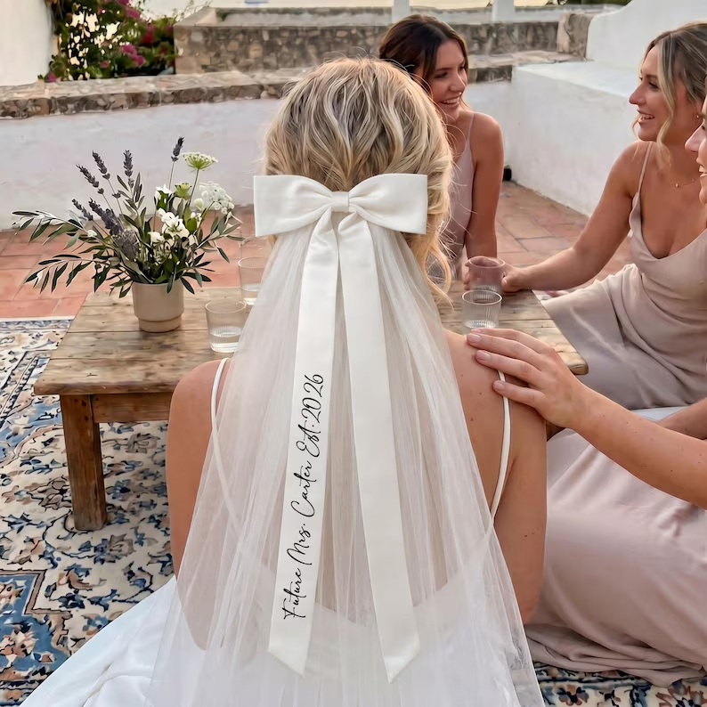 Personalized Bridal Bow Veil – Custom Text Wedding Hair Bow Veil