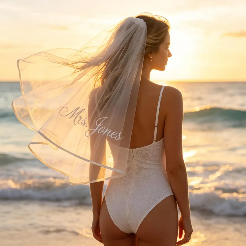 Personalized Bride Veil – Custom Mrs. Name Bachelorette Party Veil for Honeymoon, Bridal Shower & Wedding Celebration