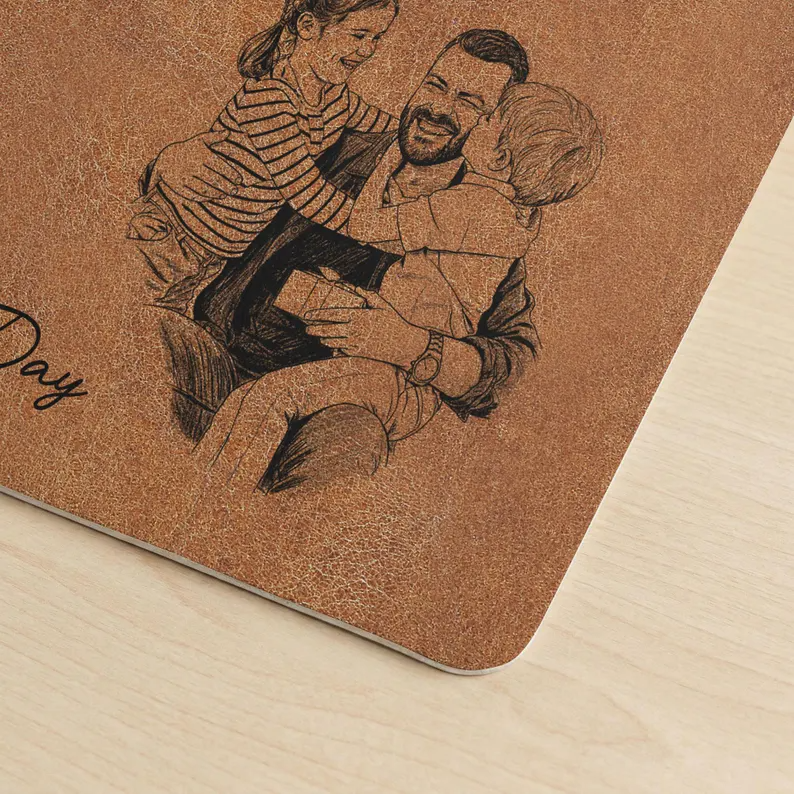 Personalized Photo Sketch Line Art Desk Mat, Father's Day Gift For Husband, Daddy & Kid Picture Desk Pad Mouse Mat