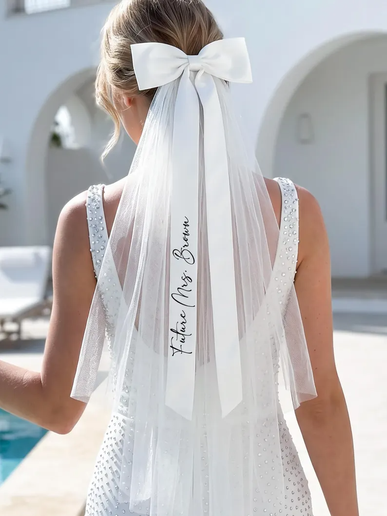 Personalized Bridal Bow Veil – Custom Text Wedding Hair Bow Veil