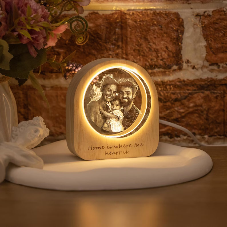 Personalized Photo Engraved LED Night Light – Custom Photo & Text Wooden Keepsake Lamp