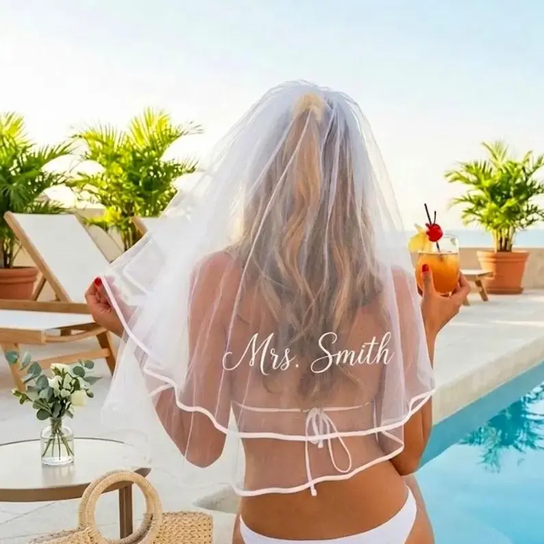 Personalized Bride Veil – Custom Mrs. Name Bachelorette Party Veil for Honeymoon, Bridal Shower & Wedding Celebration