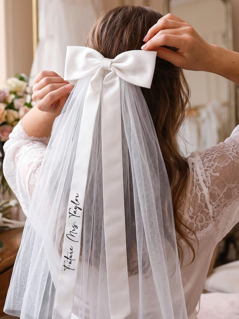 Personalized Bridal Bow Veil – Custom Text Wedding Hair Bow Veil