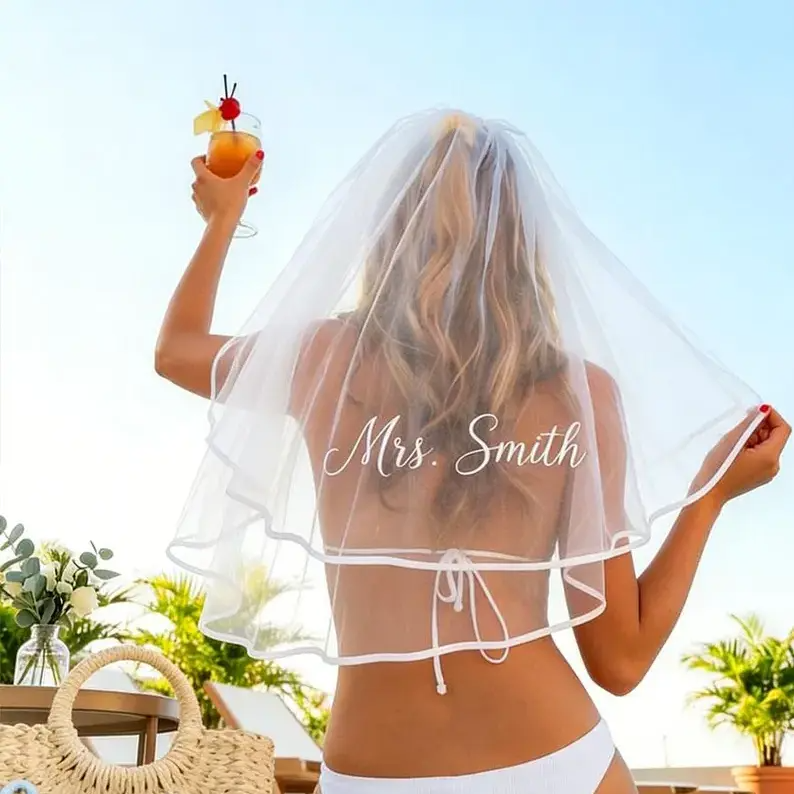 Personalized Bride Veil – Custom Mrs. Name Bachelorette Party Veil for Honeymoon, Bridal Shower & Wedding Celebration