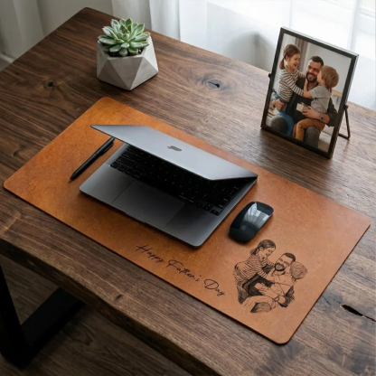 Personalized Photo Sketch Line Art Desk Mat, Father's Day Gift For Husband, Daddy & Kid Picture Desk Pad Mouse Mat