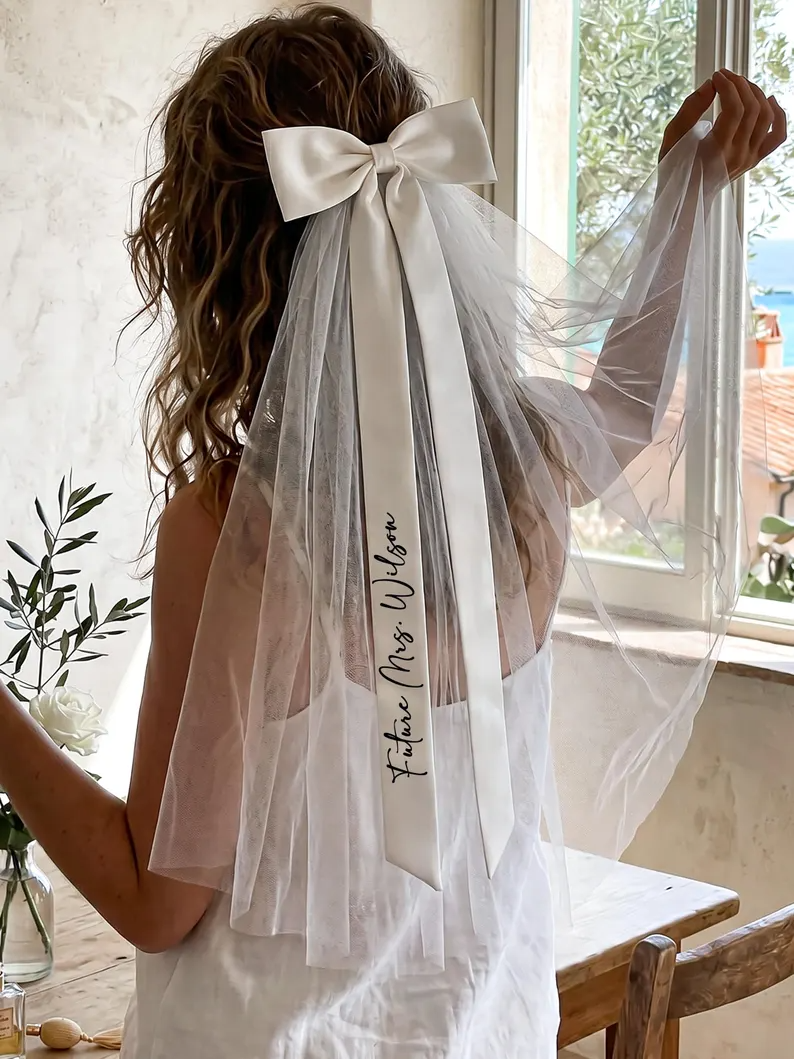 Personalized Bridal Bow Veil – Custom Text Wedding Hair Bow Veil