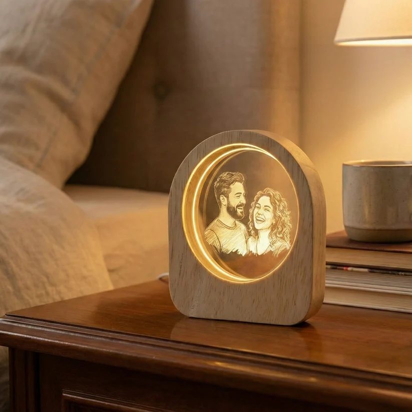 Personalized Photo Engraved LED Night Light – Custom Photo & Text Wooden Keepsake Lamp
