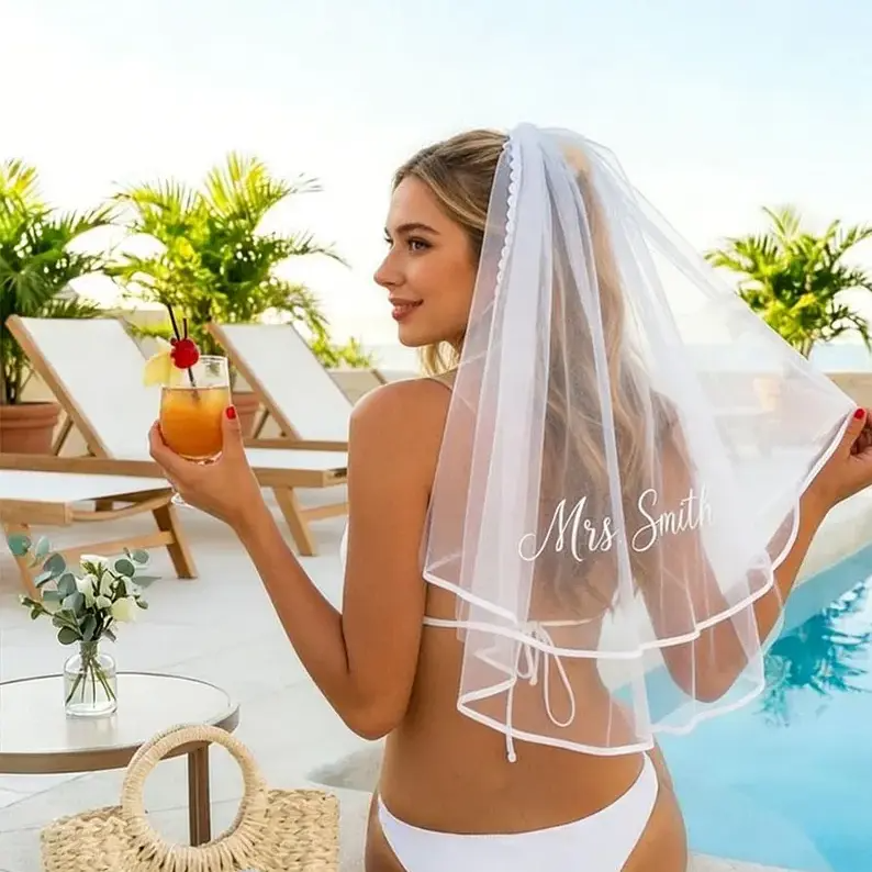 Personalized Bride Veil – Custom Mrs. Name Bachelorette Party Veil for Honeymoon, Bridal Shower & Wedding Celebration
