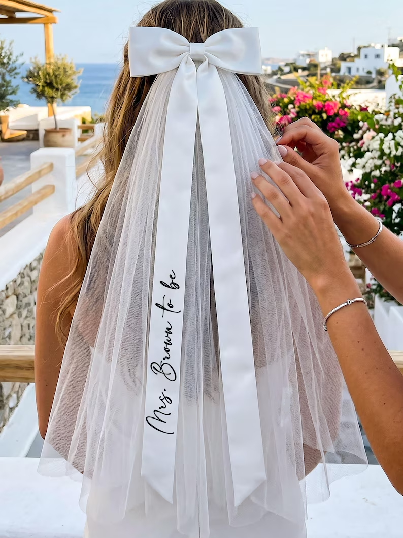 Personalized Bridal Bow Veil – Custom Text Wedding Hair Bow Veil