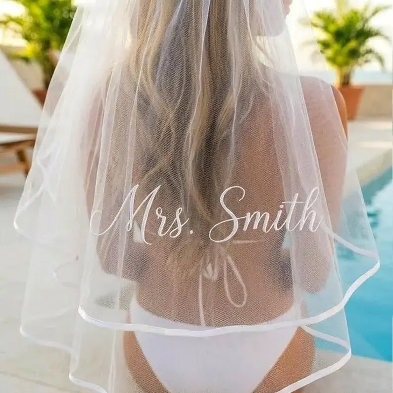 Personalized Bride Veil – Custom Mrs. Name Bachelorette Party Veil for Honeymoon, Bridal Shower & Wedding Celebration