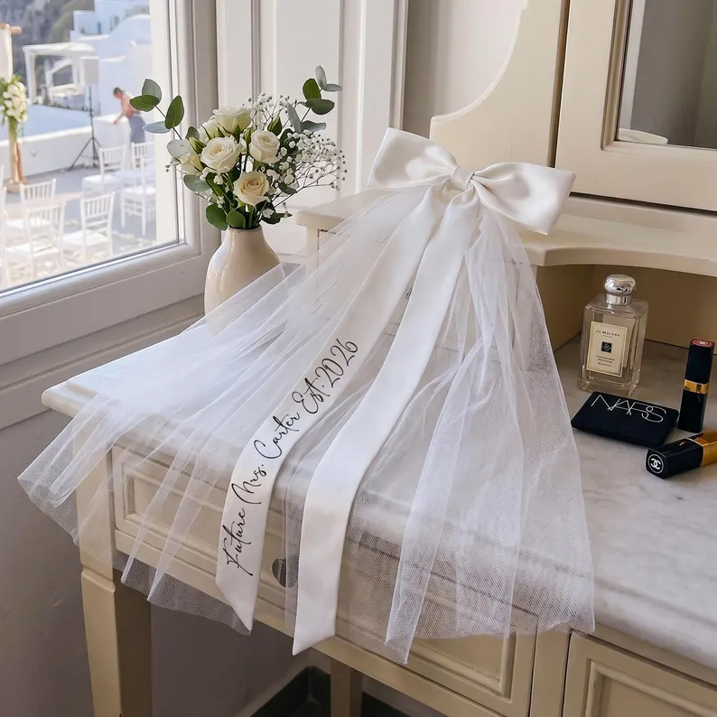 Personalized Bridal Bow Veil – Custom Text Wedding Hair Bow Veil