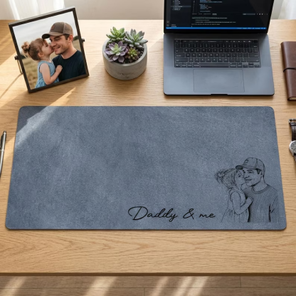 Personalized Photo Sketch Line Art Desk Mat, Father's Day Gift For Husband, Daddy & Kid Picture Desk Pad Mouse Mat