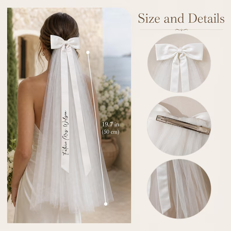 Personalized Bridal Bow Veil – Custom Text Wedding Hair Bow Veil