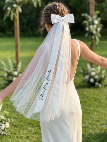Personalized Bridal Bow Veil – Custom Text Wedding Hair Bow Veil